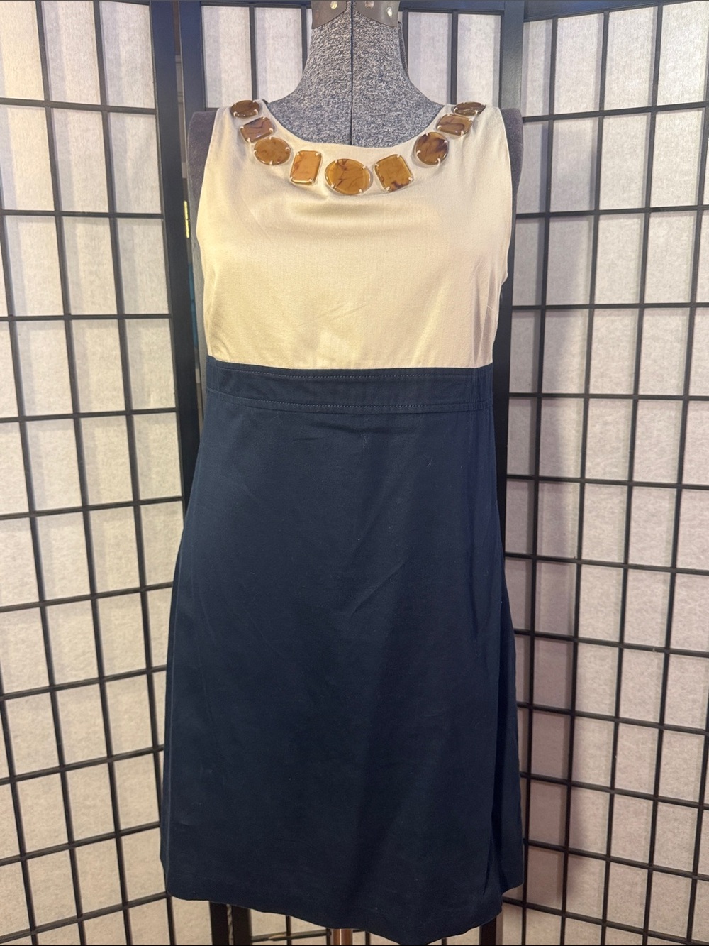 LOFT Cream and Navy Midi Dress with Jewel Neck